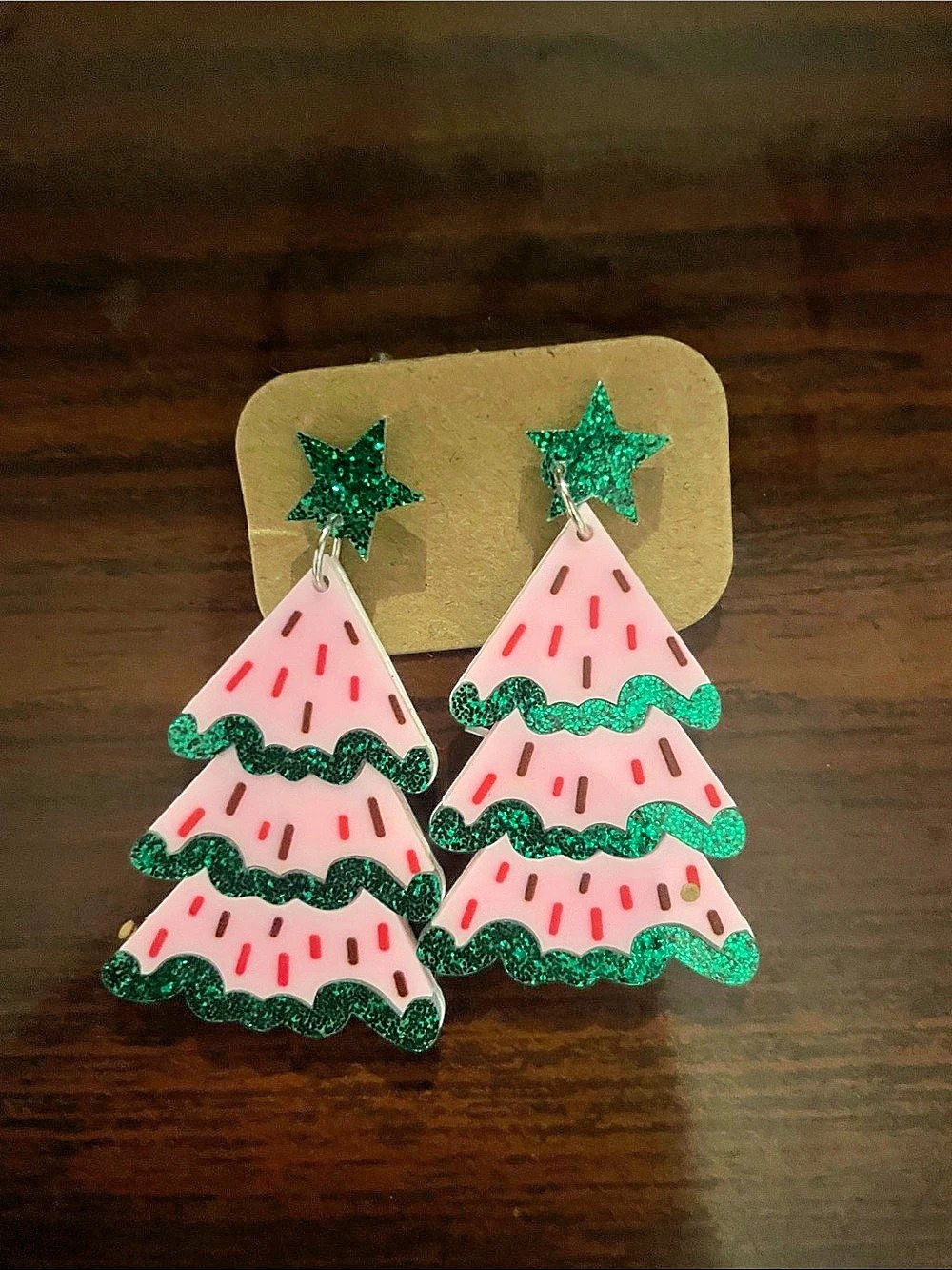 Christmas Tree Drop Earrings in Pink & Green